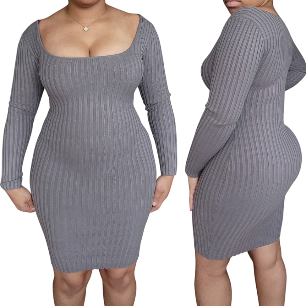 Windsor Grey Ribbed Square Neck Long-Sleeve Midi Dress